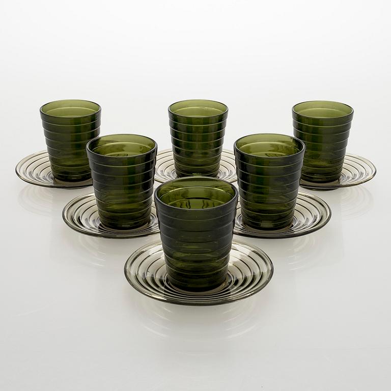 Aino Aalto, juomalaseja, 6 kpl, sekä lautasia, 6 kpl, "Bölgeblick", Karhulan lasitehdas 1930-luku.