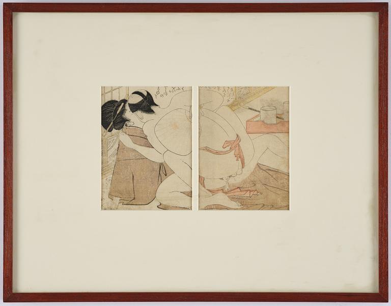 Oidentifierade konstnärer, färgträsnitt, shunga, albumblad, tre diptyker, Japan, 1800-tal.