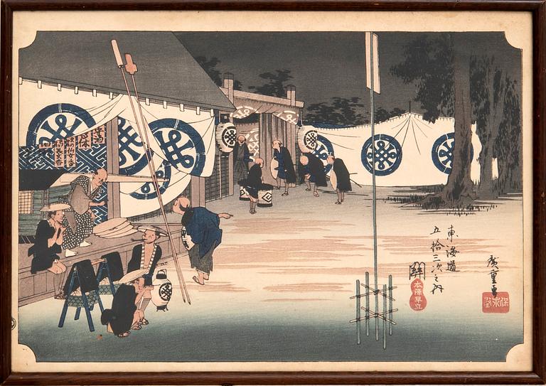 Utagawa Hiroshige I efter, färgträsnitt 4 stycken, Japan sekelskiftet 1900.
