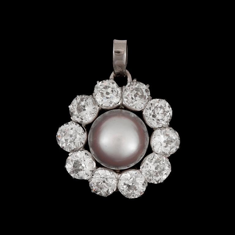 A diamond and grey pearl pendant with old cut diamonds, tot. app. 7cts.