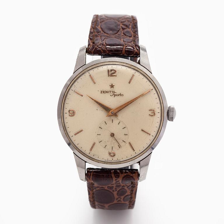 Zenith, Sporto, Oversize, rannekello, 37 mm, teräs, manuaalinen, pleksilasi, 1950-luku.