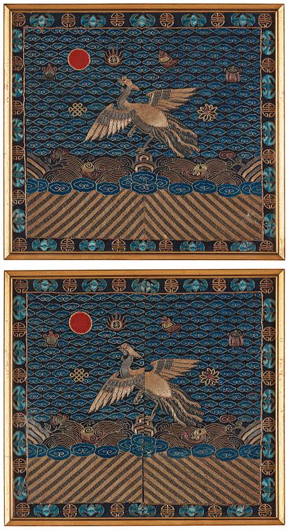 A pair of mandarin rank insignias, Qing dynasty, 19th Century.