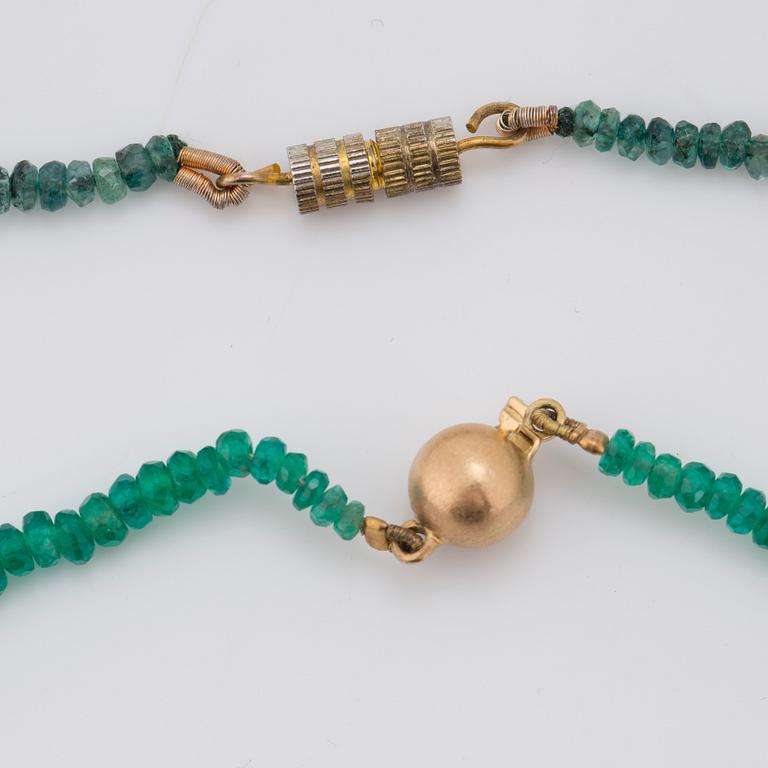 TWO NECKLACES, with emerald and probably green tourmaline.