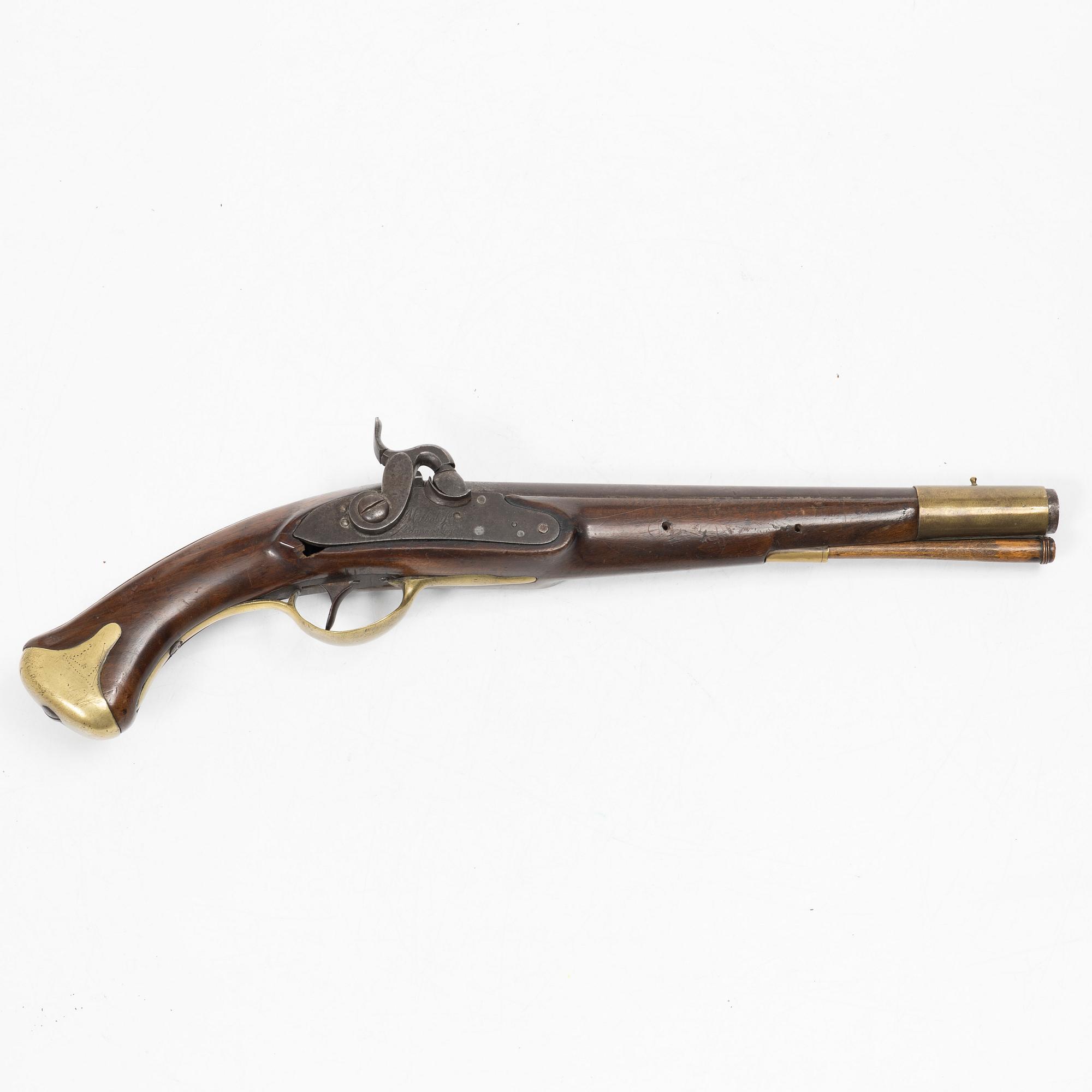 A military percussion pistol 19th century. Converted from flintlock, marked Malherbes, fabr d'armes a Liege.
