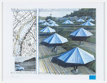 Christo & Jeanne-Claude, Offset in colours, with a collage of fabric, signed in pencil.