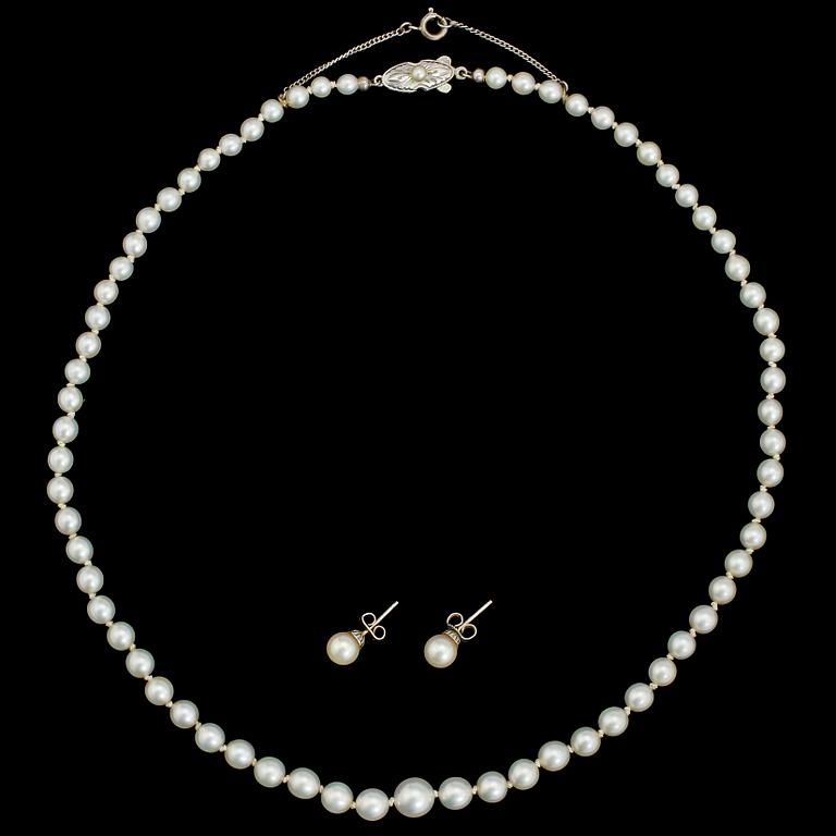 COLLIER med lås i silver samt ÖRHÄNGEN, 14k vitguld, med odlade pärlor, 1900-talets andra hälft. Vikt 16 g.