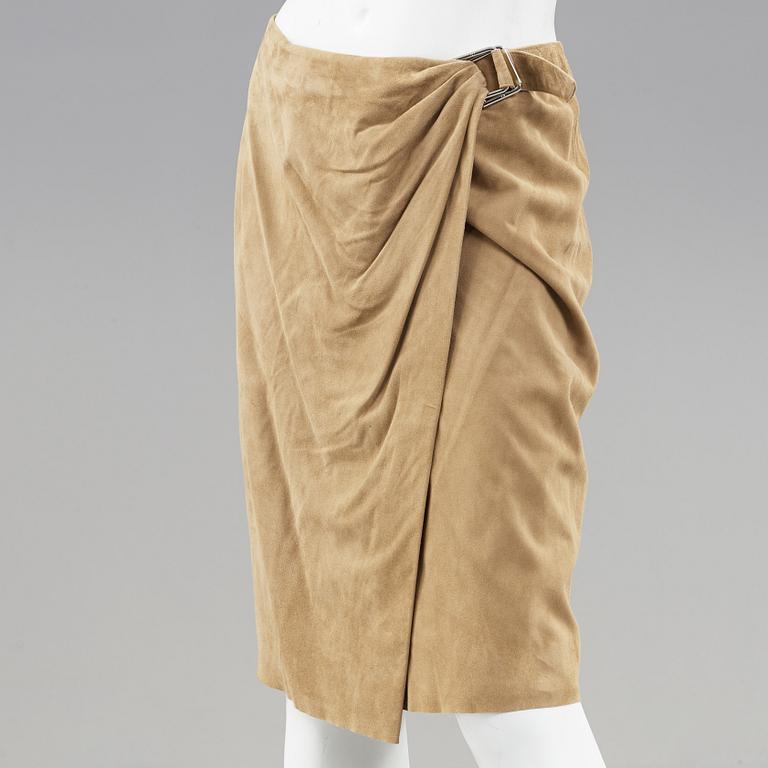 A beige suede skirt by ralph Lauren.