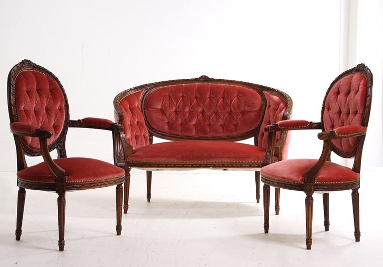 SALONGSMÖBEL, 3 delar, Louis XVI´stil, 1900-tal.