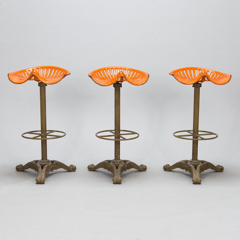 Three bar stools, Marked Walter E Wood Hoosick Falls N.Y. U.S.A.