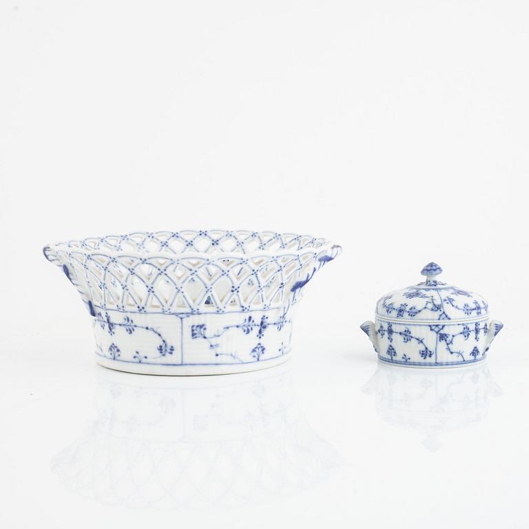 A 'Musselmalet' porcelain pot, a bowl and a sugar bowl with lid, Royal Copenhagen, Denmark.