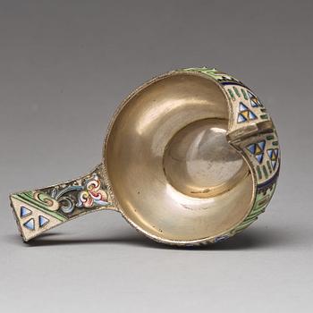 A Russian 20th century silver-gilt and enamled kovsh, mark of the 11th Artel, Moscow 1908-1917.