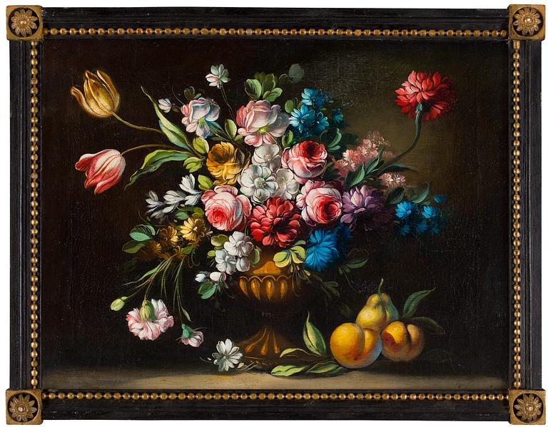 Stilleben med blommor och frukter.
