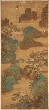 134A. A hanging sroll of a mountain scenery in the style of Qiu Ying (c.1494-1551), Qing dynasty, 19th century.