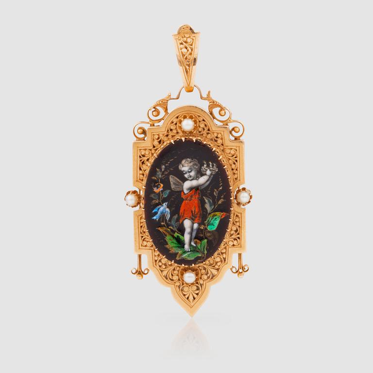 A Victorian pearl and enamel pendant/medallion with  a neoclassicistic motif.