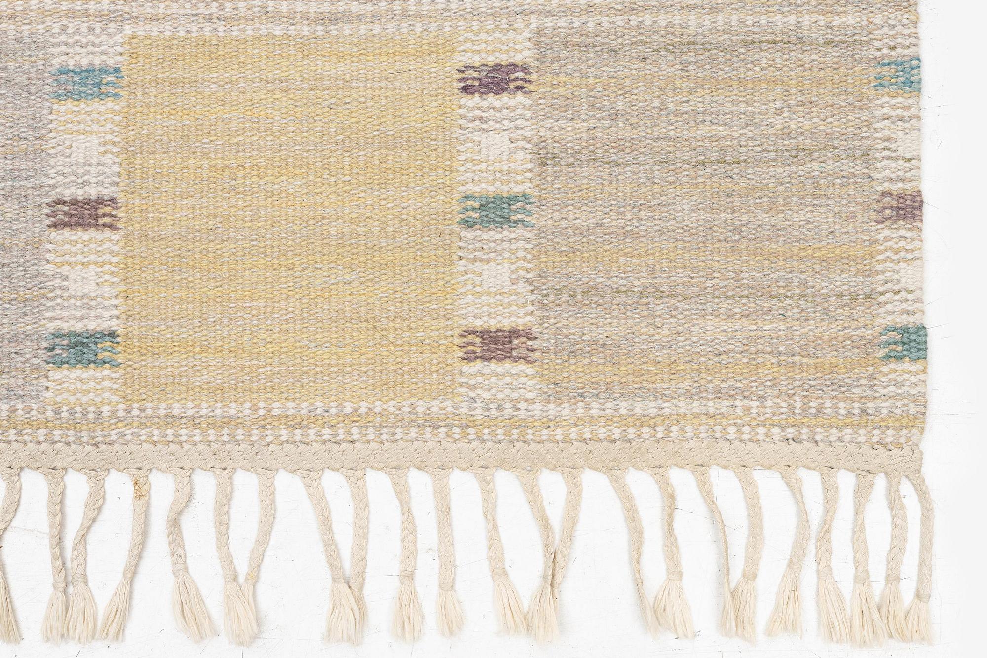 Barbro Nilsson, a 'Falurutan gul S' carpet, flat weave, c. 226 x 114 cm, signed AB MMF BN.