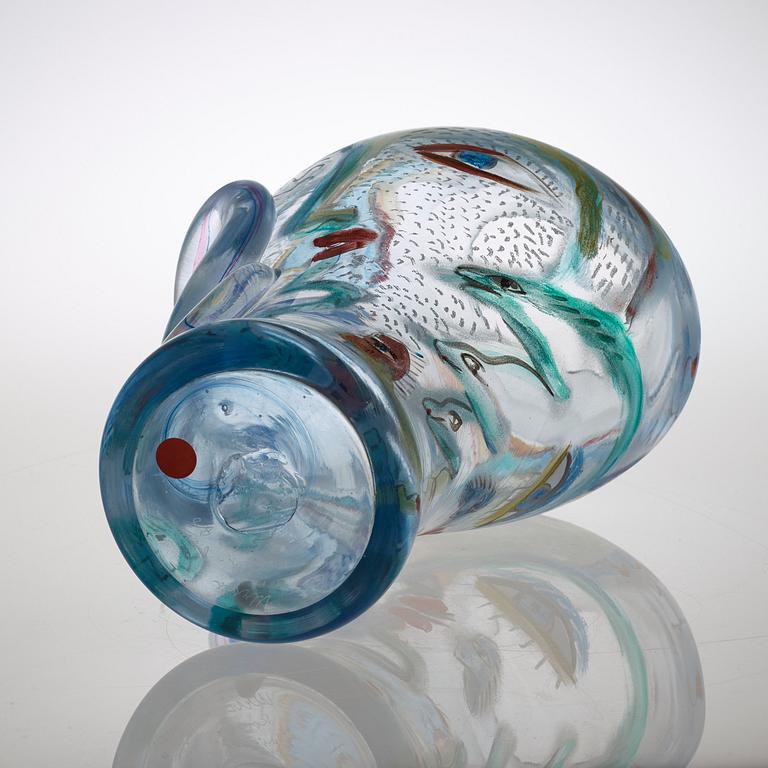 A unique Ulrica Hydman-Vallien painted glass vase, Kosta Boda 1988.