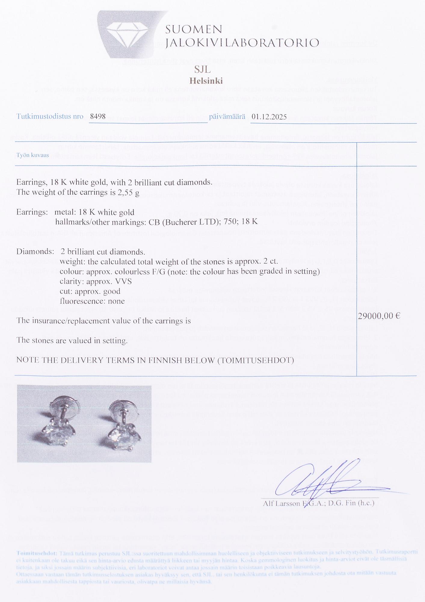 Bucherer, a pair of 18K white gold earrings with brilliant-cut diamond. SJL-certificate.