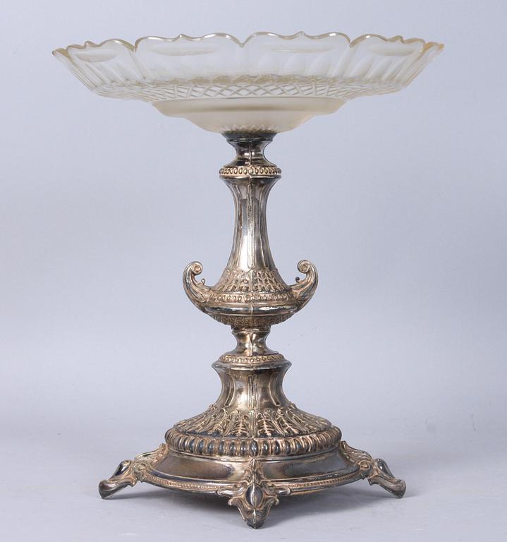 UPPSATSSKÅL, vitmetall samt glas, 1800/1900-tal.