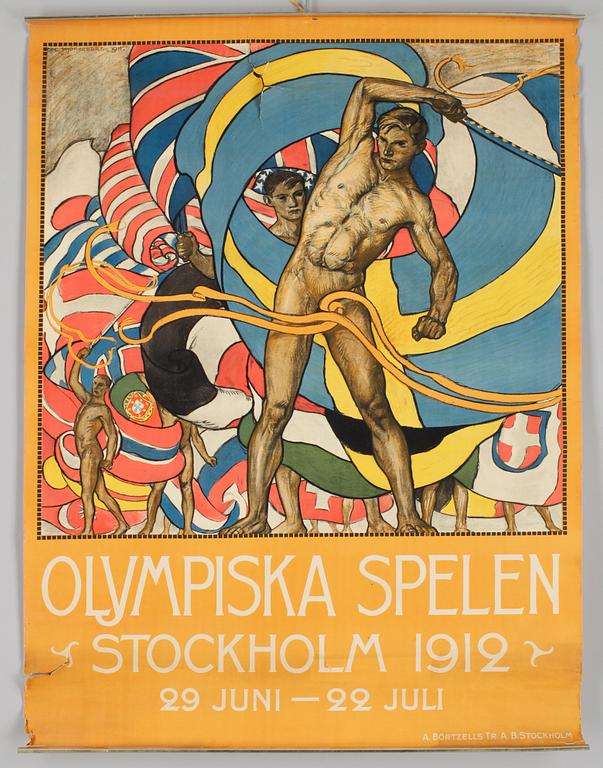 OLLE HJORTZBERG, efter, affisch, för Olympiska spelen i Stockholm 1912.