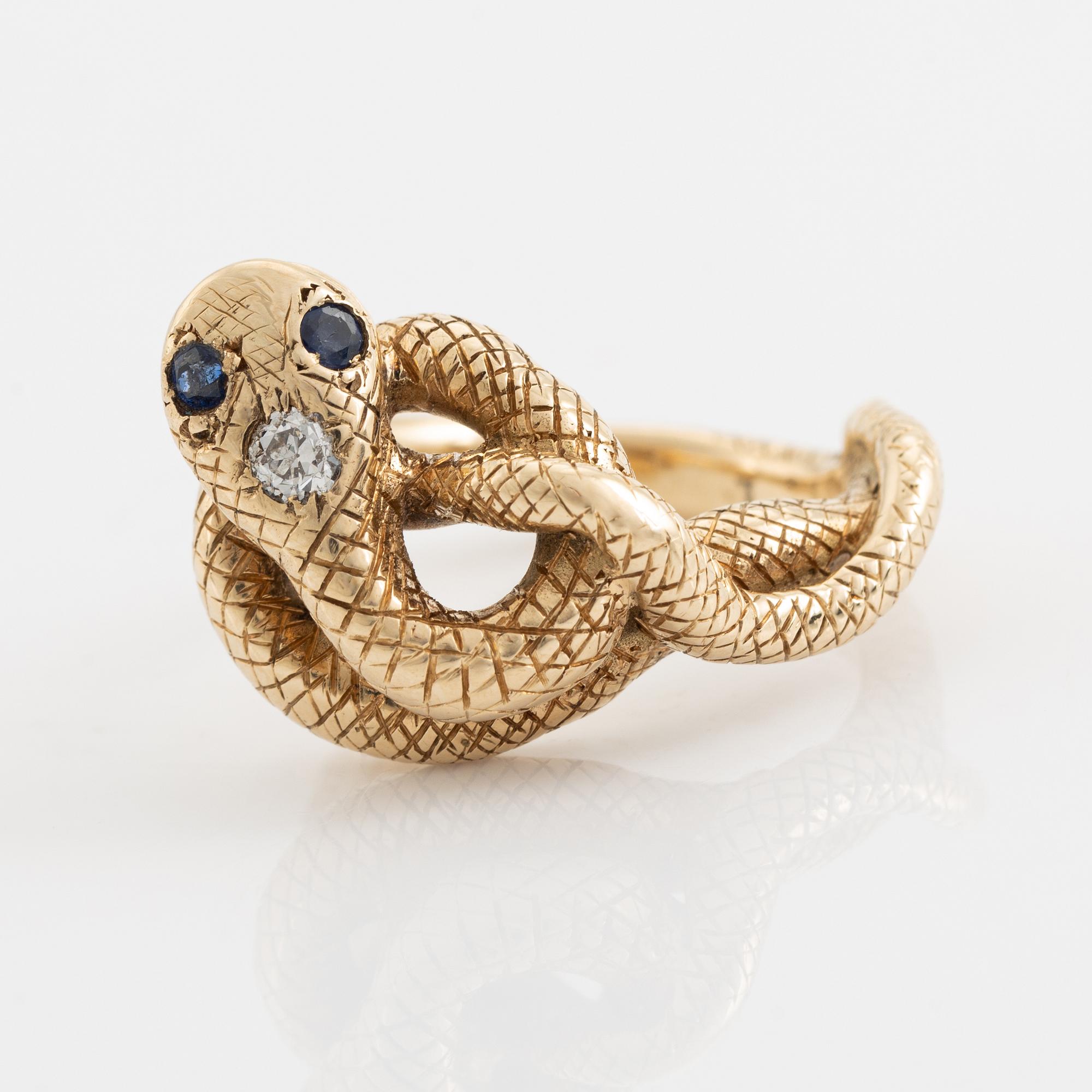 Brilliant cut diamond and sapphire serpent ring, 1800's.