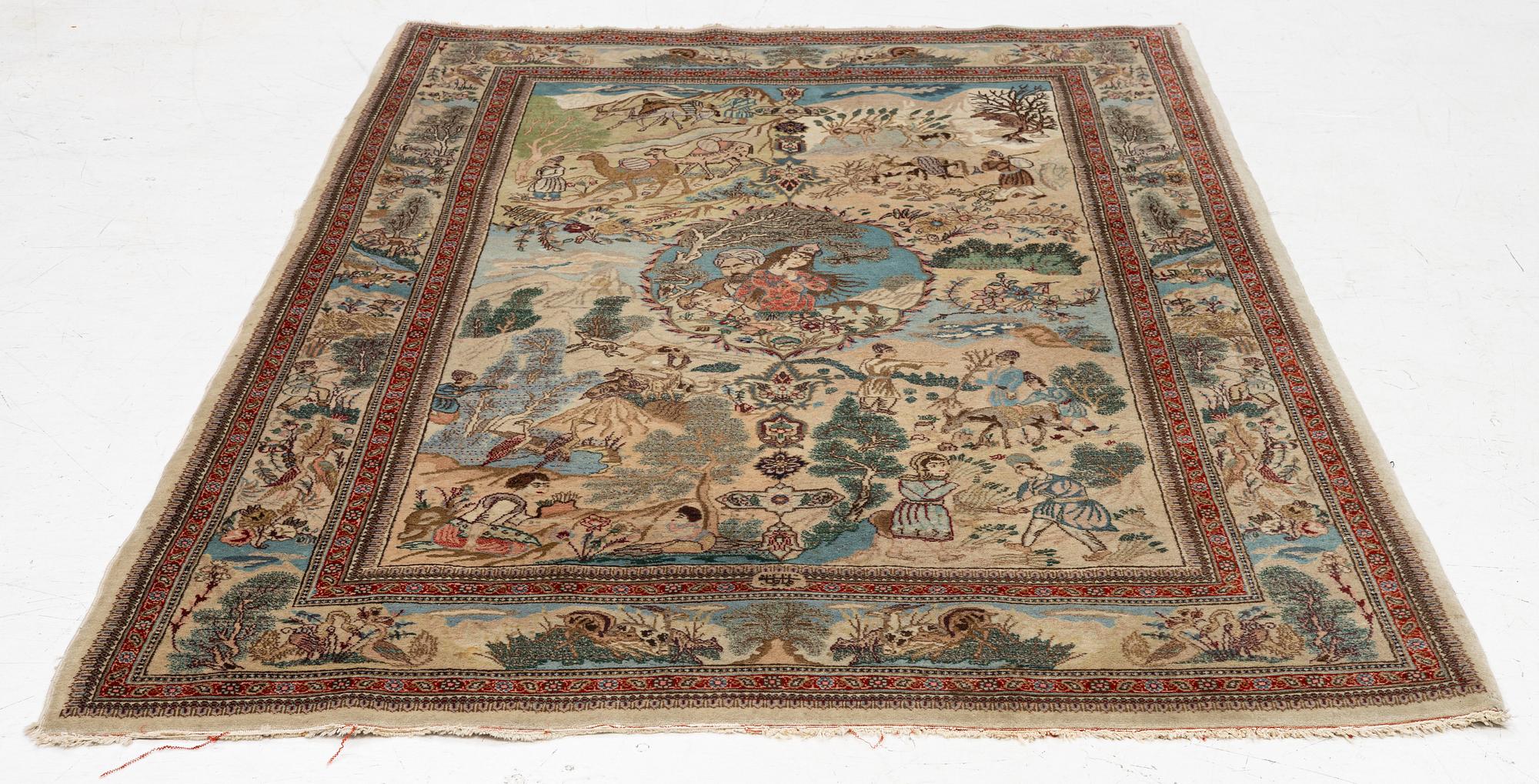 Rug, Tabriz, figural, signed Tabatabai, approx. 210 x 138 cm.