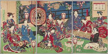 TRÄSNITT, 5 delar varav en triptyk, bland annat Toyokuni III Japan, 1800/1900-tal.