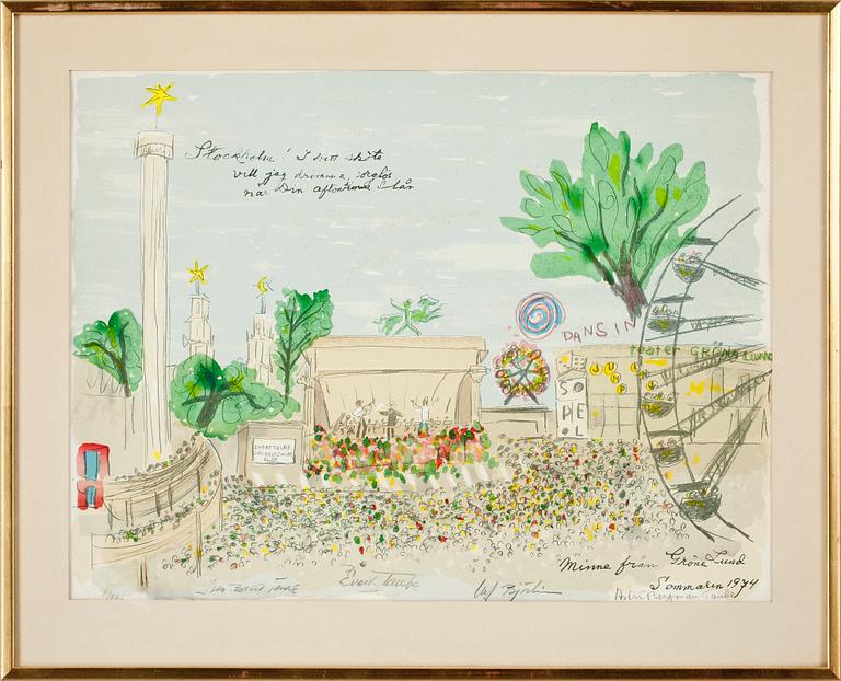 ASTRI BERGMAN-TAUBE, litografi, "Minne från Gröna Lund Sommaren 1974" m AUTOGRAFER av bl a Evert Taube, sign numr 8/225.