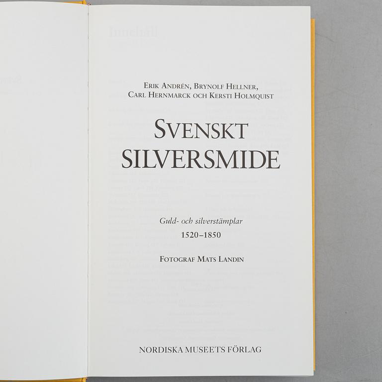 Collection of literature on silver, 8 volumes, including 'Svenskt silversmide 1520-1850'.