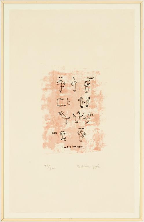 Madeleine Pyk, färglitografier, ett par, "Praktik stängd" och "Have a banana".