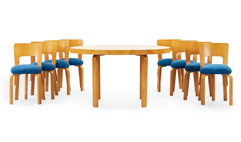 An Alvar Aalto birch dining table and eight chairs, Artek, Finland 1930's-40's.