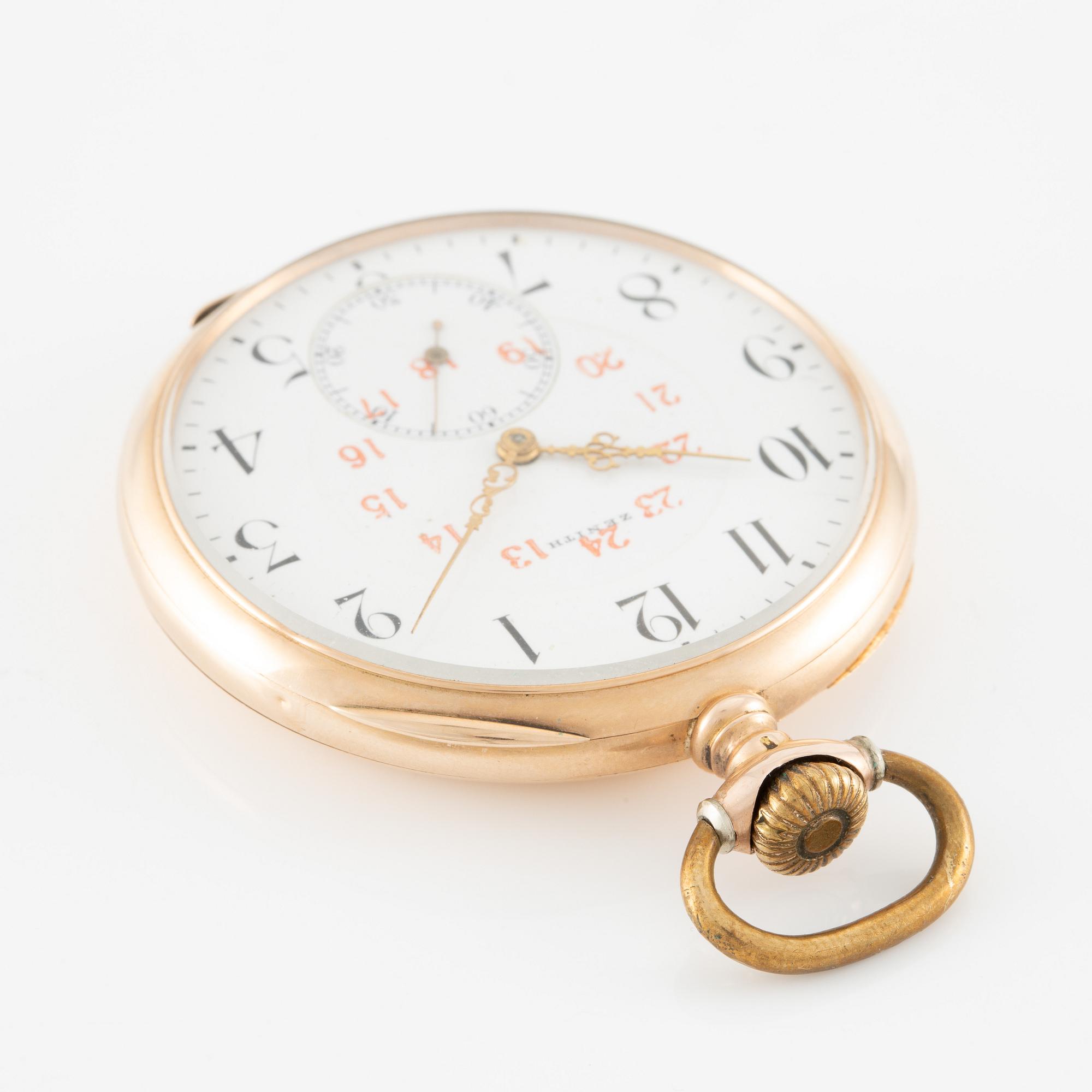 Zenith, Pocket watch, 14K gold with a chain in double, 51 mm.
