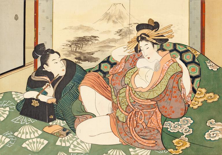 KONSTNÄR FRÅN UTAGAWA SKOLAN,
Shunga album, Japan, sen Edo (1603 - 1868) eller Meiji (1868-1912).
12 målningar på siden.