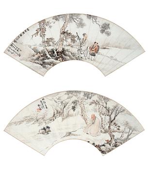 175. Two fan-paintings of figures in landscapes, late Qing dynasty/early 20th century.