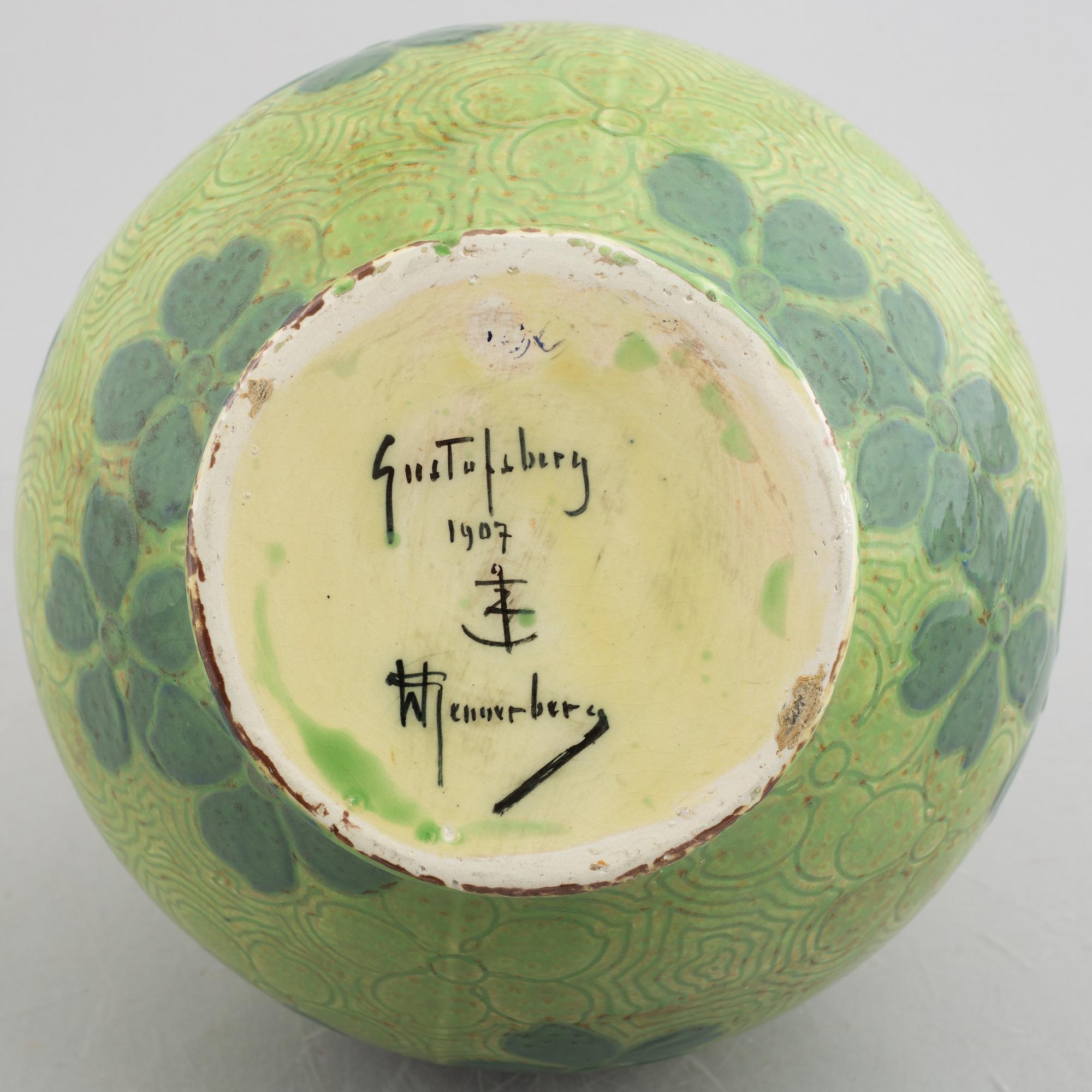 Gunnar Wennerberg, a 'Sgrafitto' creamware vase from Gustavsberg, dated 1907.