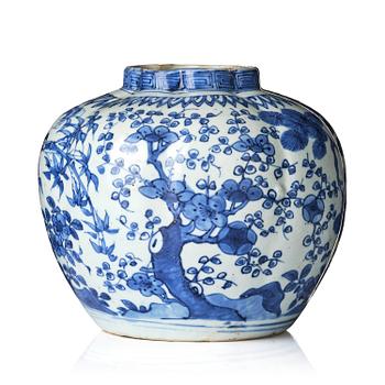 1333. A blue and white melon shaped 'three friends of winter' jar, Ming dynasty, Wanli (1572-1620).