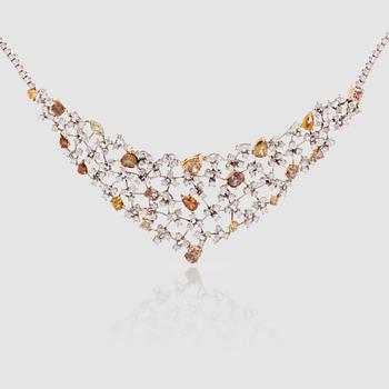 A Fancy coloured and white diamond necklace. Total carat weight circa 18.63 cts. 4 Certificates.