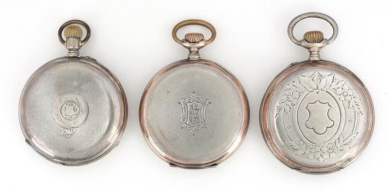 FICKUR, 3 st, låghaltigt silver 800, omkring 1900. Total vikt ca 263g.