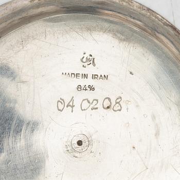 A Persian silver tray, 12 small spoons and six coasters, first part of the 1900s.