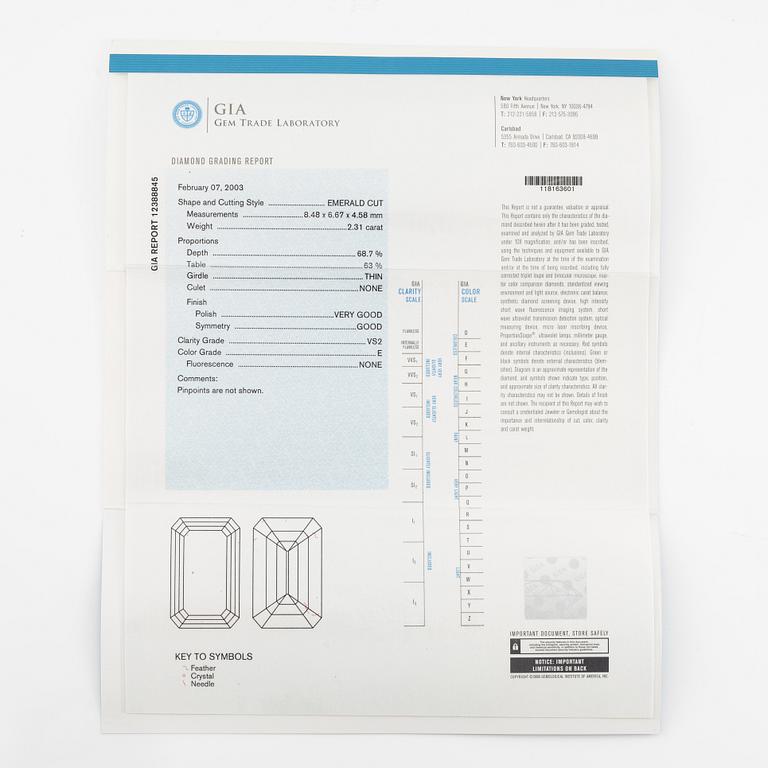 A platinum ring with an emerald-cut diamond 2.31 ct.