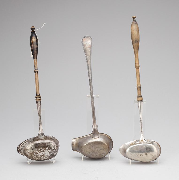 SOPPSLEVAR, 3 st, silver och nysilver, bla Johan Petter Tullgren, Kristinehamn, 1859.