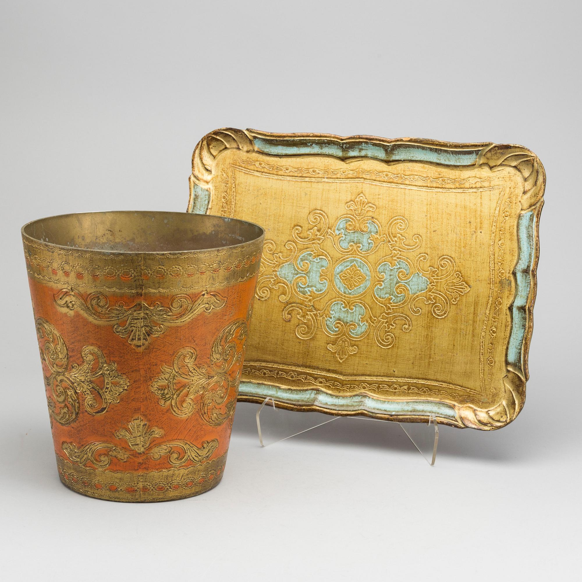 A serving tray and a waste basket, marked Florence Italy, late 20th century,