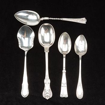 A set of five different Danish silver spoons, 1920's.