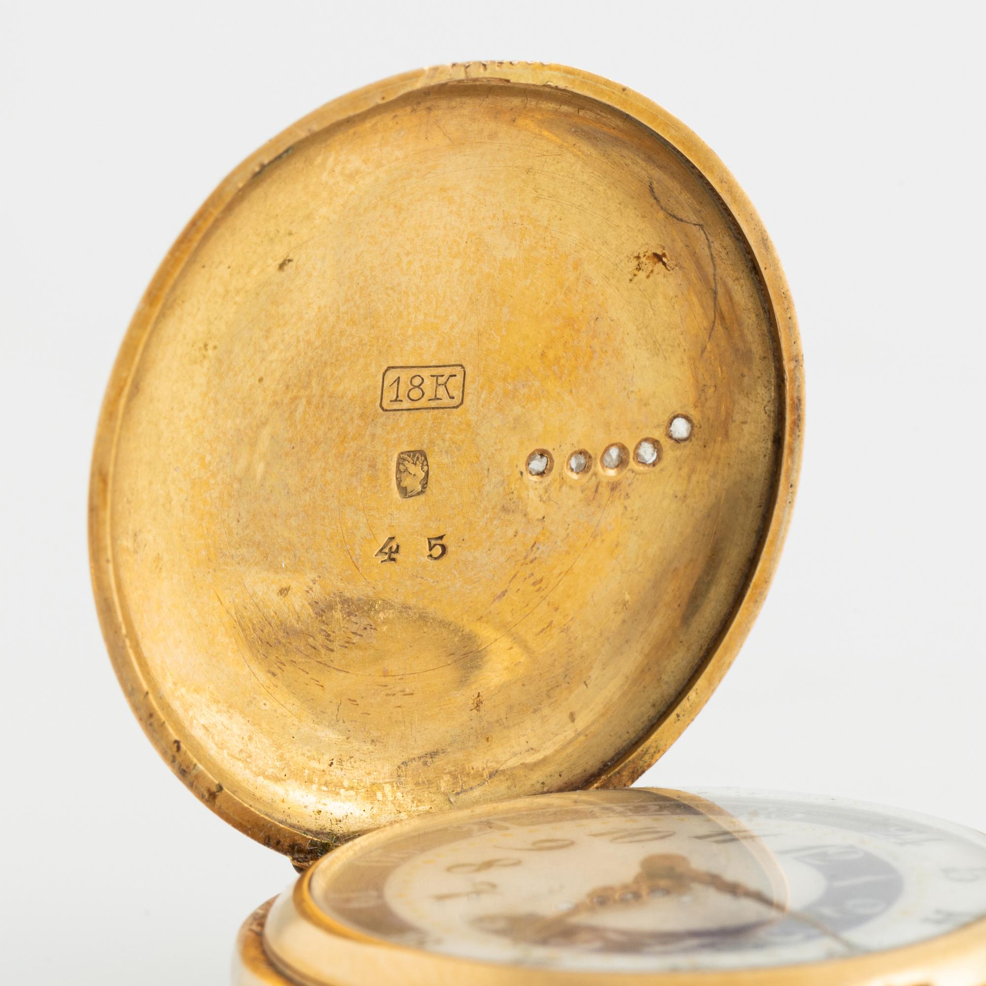 Pocket watch, 18K gold enamel, 29,5 mm.