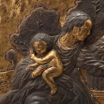 A baroque gilt copper alloy relief of Mary, Elisabeth, Jesus and John in a landscape, probably India, 17th Century.