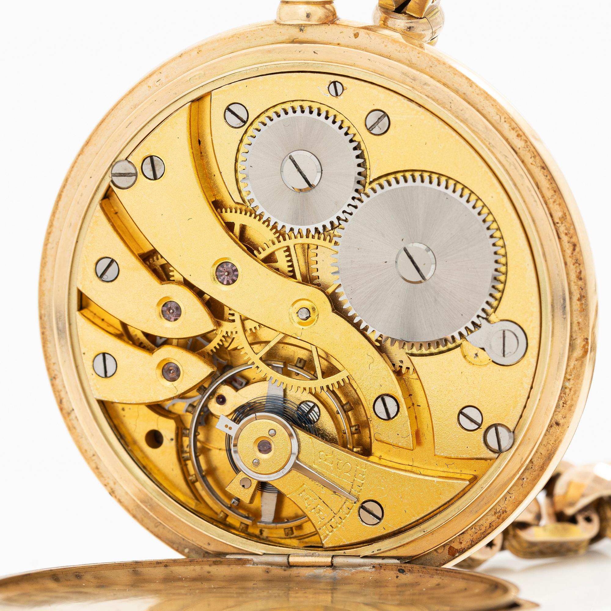 Pocket watch, 14K gold, hunter case, 49.5 mm, with chain.