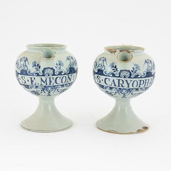 A pair of glazed earthenware apothecary pots, 18th century, presumably Holland.