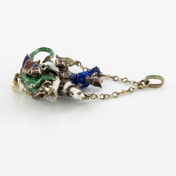 Pendant in silver and enamel with pearls and red stones "St George and the Dragon", Neo-Renaissance.