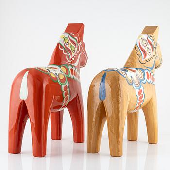 Dala horses, 4 pcs, and one wall-mounted, second half of the 20th century.