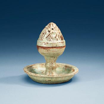 A green glazed boshan-lu censer with cover, Han dynasty (206 BC - 220 AD).