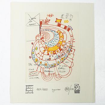 Friedensreich Hundertwasser, Books, 2 vols, 9790/10000, with accompanying colour etching, stamped signature and numbered 1004/2000. Taschen, 2000, Cologne.